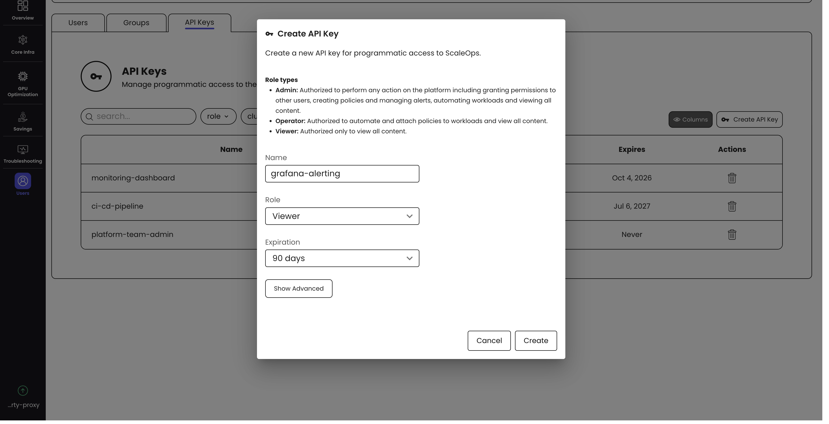 Create API Key dialog