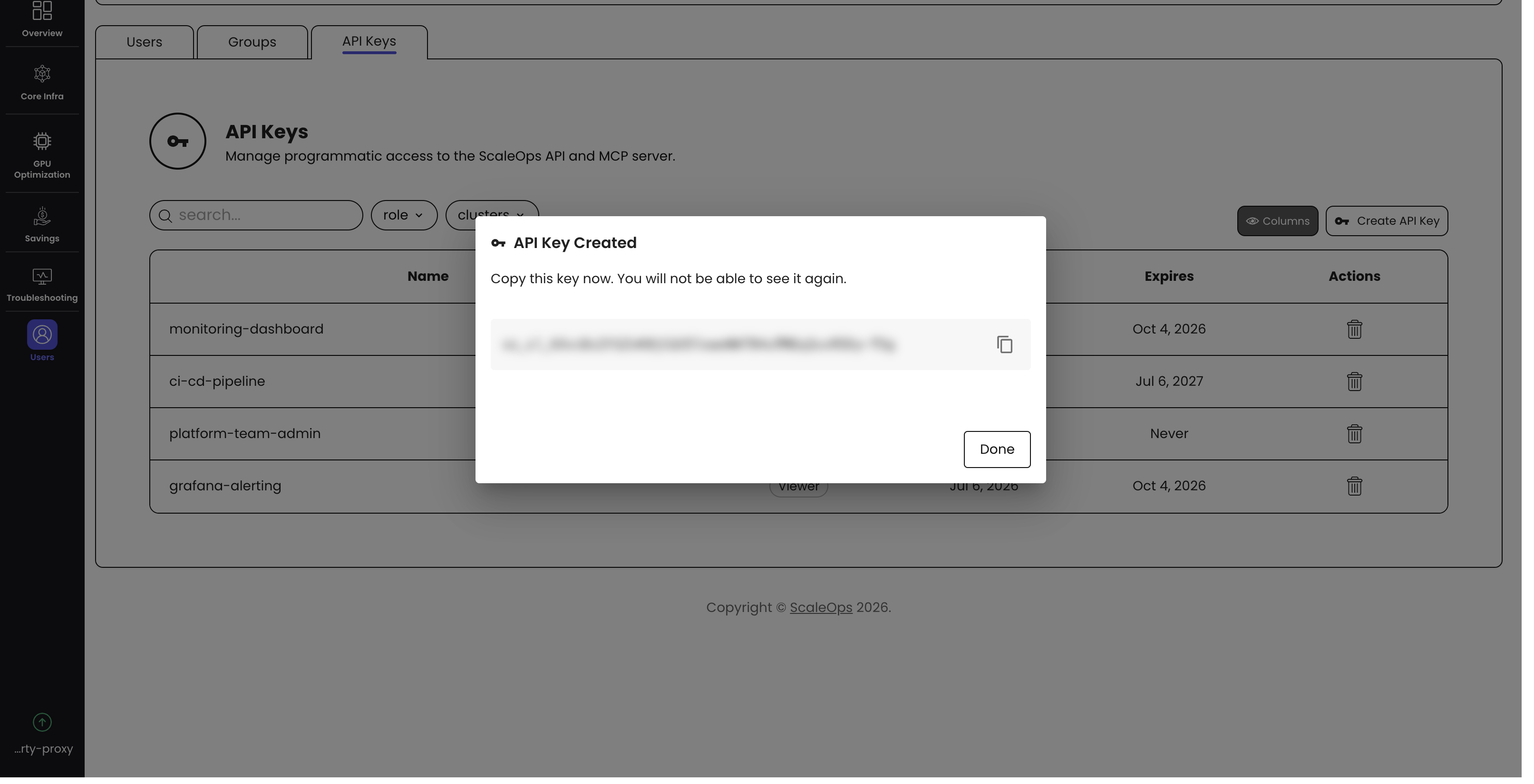 API key created — copy now
